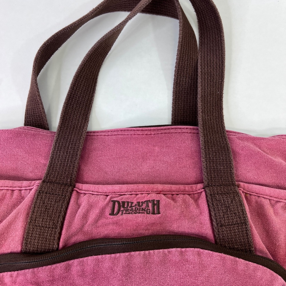 Duluth Trading Co Canvas Tote Bag Pink Brown Utility Zipper Pockets Large